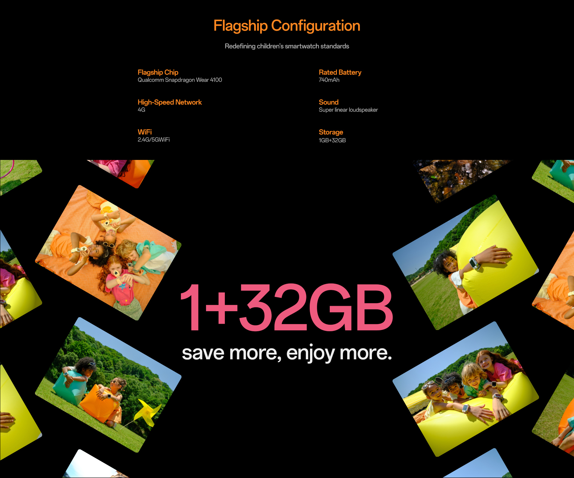 imoo Watch Phone X10: 1GB+32GB Speicher, Snapdragon Chip. Kinder spielen draußen. Produktseite.