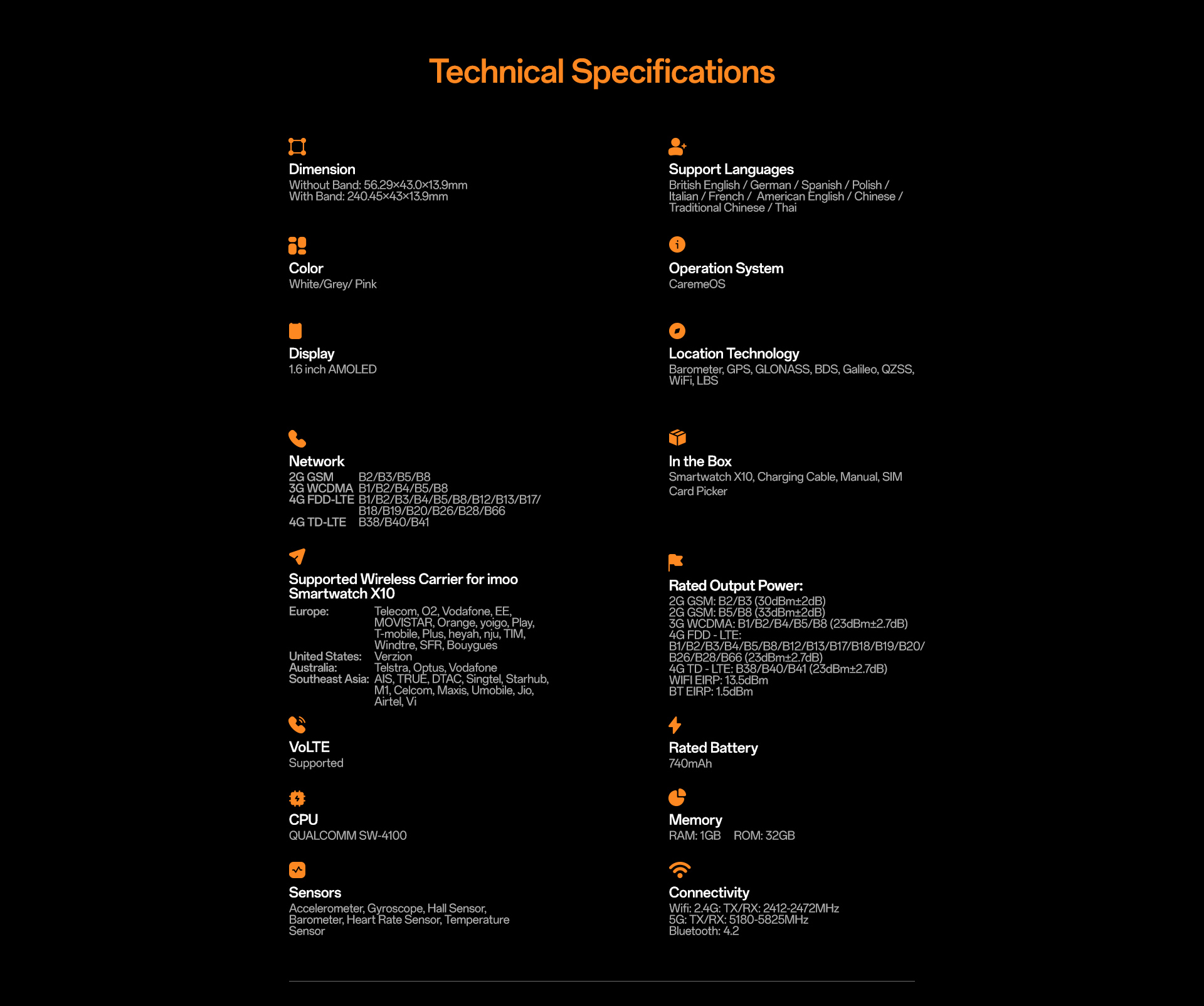 imoo Watch Phone X10 Specs: Abmessungen, Farben, Display, Netzwerk, Sprachen, Ortung, Akku, Speicher.