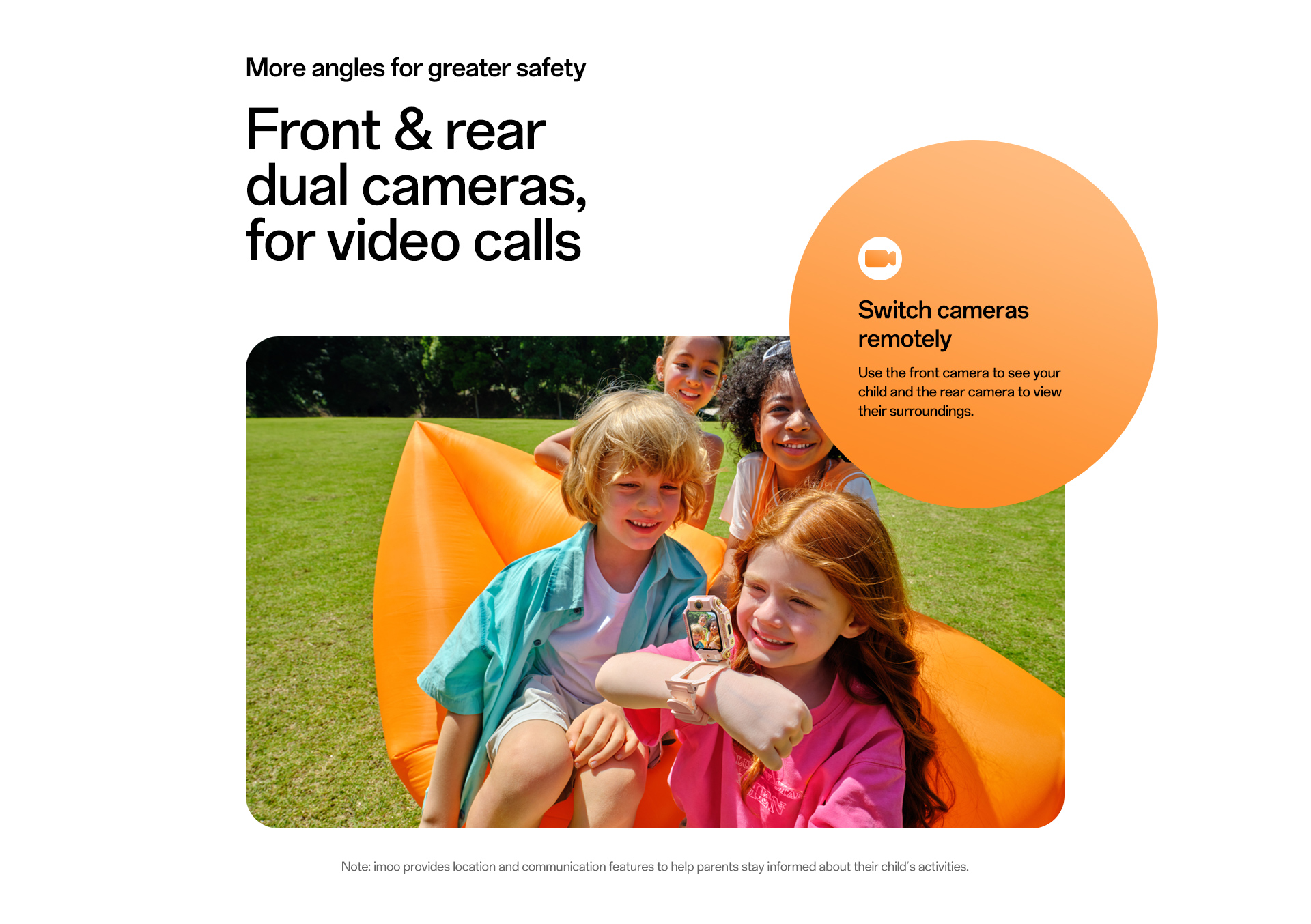 imoo X10 Smartwatch mit rosa Armband zeigt Videoanruf, Kinder lachen auf Luftmatratze. Produktseite.