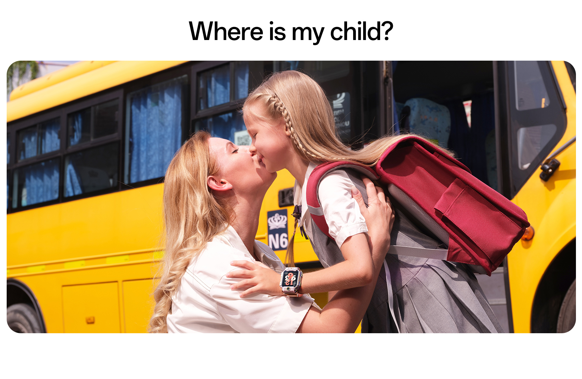 imoo Watch Phone X10 zeigt Mutter und Kind vor Schulbus, Sicherheit für Eltern, Produktseite