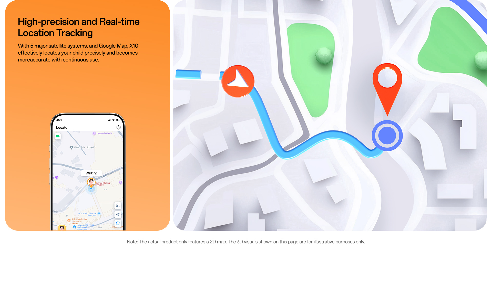imoo Watch Phone X10 zeigt Echtzeit-Standortverfolgung mit Karte und 'Locate'-App auf dem Smartphone. Produktseite.