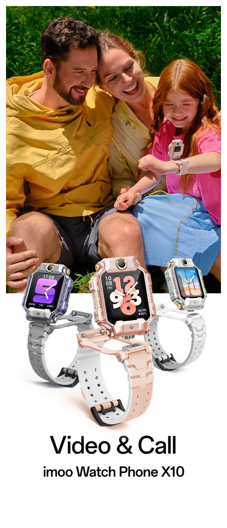 imoo Watch Phone X10 in Grau, Roségold und Weiß mit glücklicher Familie im Freien, Produktpräsentation