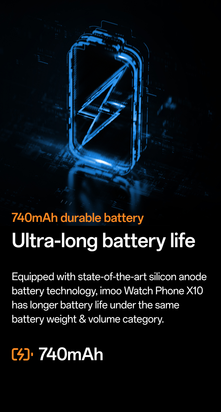 imoo Watch Phone X10: 740 mAh Akku mit Blitzsymbol, betont ultralange Laufzeit. Produktseite.