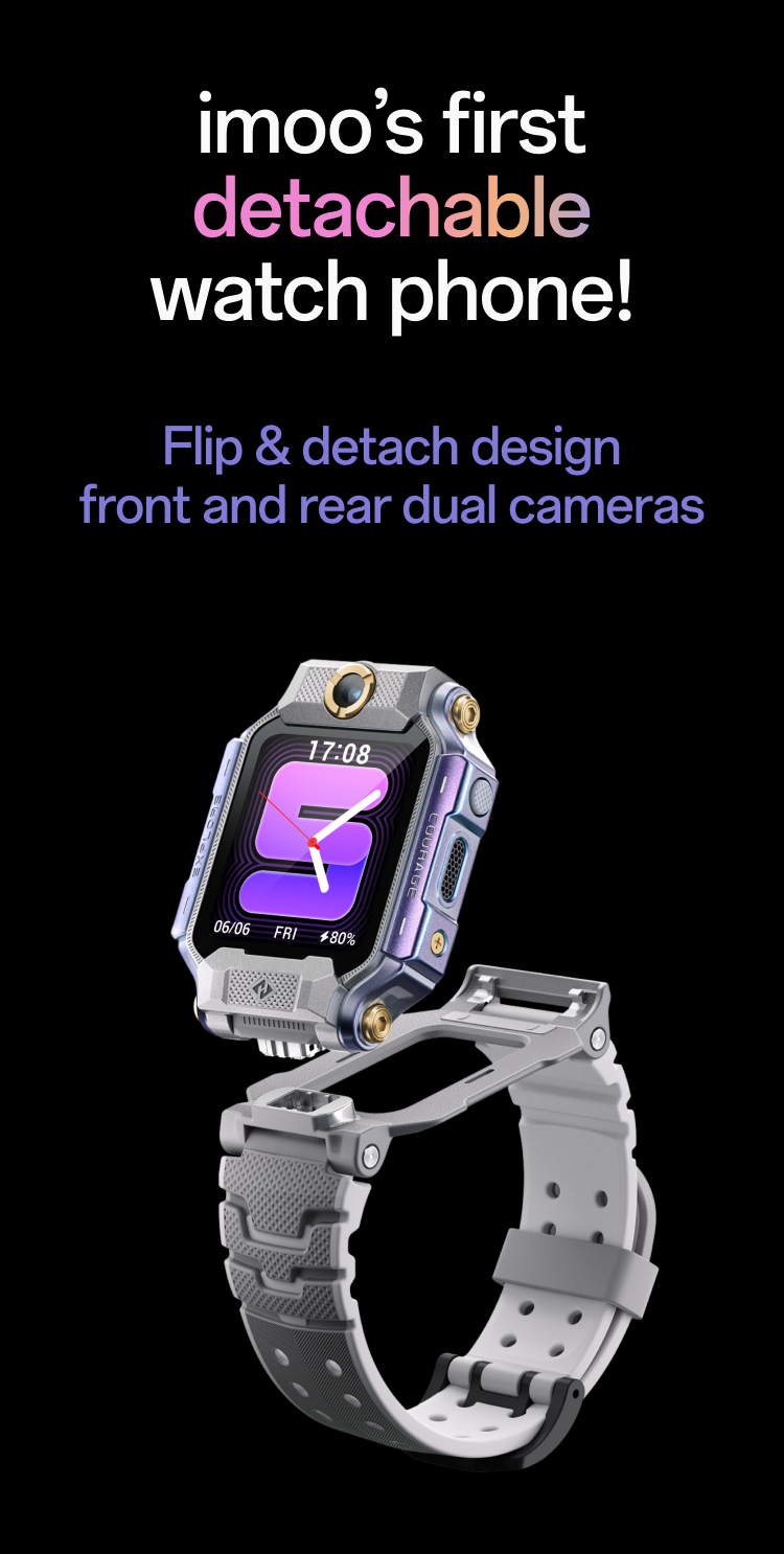 imoo Watch Phone X10 mit abnehmbarem Flip-Design und Dual-Kameras auf Vorder- und Rückseite, Grau und Weiß. Produktseite.