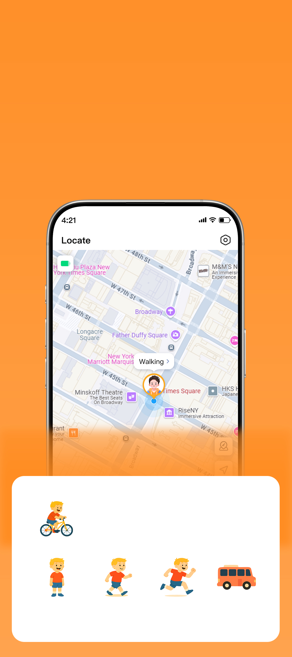 All day status stay connected to child's daily life locate track activities walking running bike bus