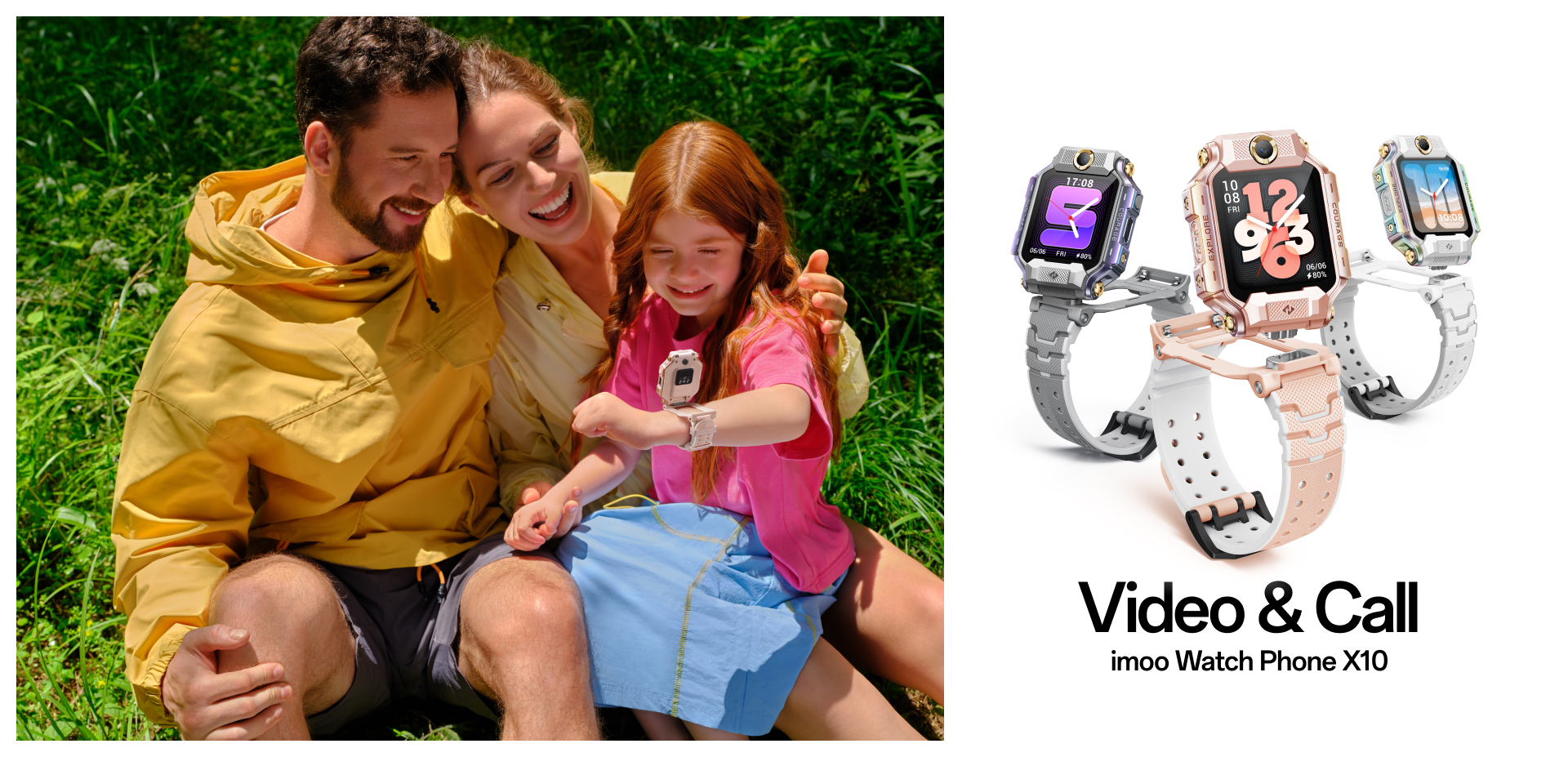 imoo Watch Phone X10 in Grau, Roségold und Weiß mit glücklicher Familie im Freien, Produktpräsentation