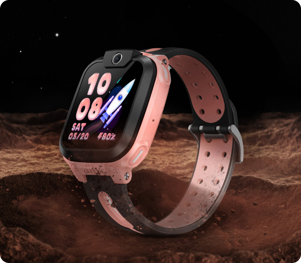 imoo Watch Phone Z1 Kinder Smartwatch in Rosa mit buntem Display, zeigt 10:08 und Datum, im Weltraum-Setting