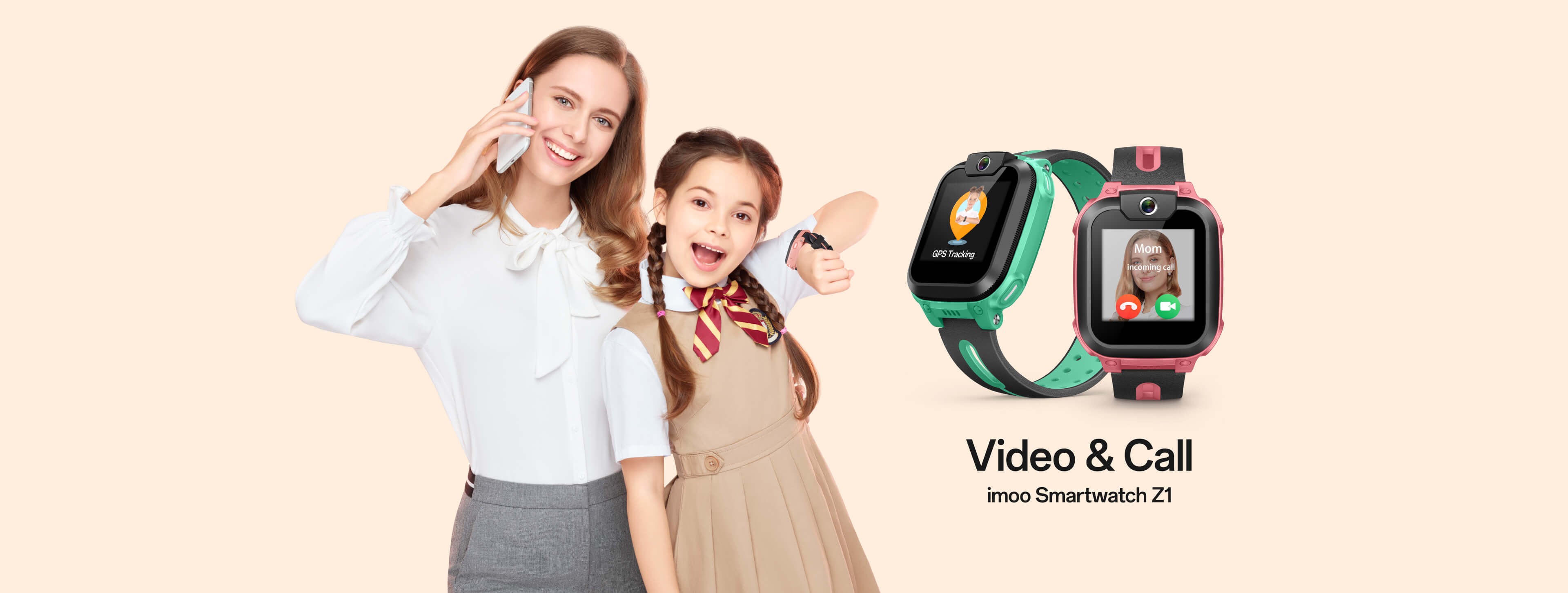 imoo Watch Phone Z1: Junge und Frau lächeln, pinke und grüne Smartwatches zeigen GPS und Videoanruf für Kinder