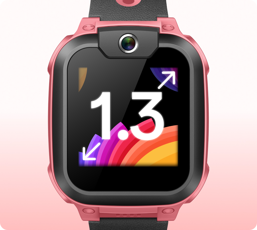 Rosa imoo Watch Phone Z1 Nahaufnahme zeigt 1.3 Zoll Bildschirmgröße mit bunten Pfeilen und Regenbogenmuster für Produktdesign