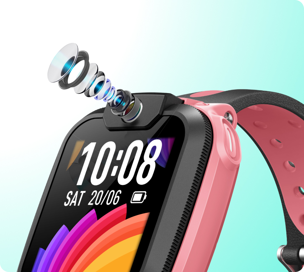 imoo Watch Phone Z1 Kinder Smartwatch in Grapefruitrosa mit auseinandergebauter Weitwinkelkamera, Fokus auf Kamerafunktion