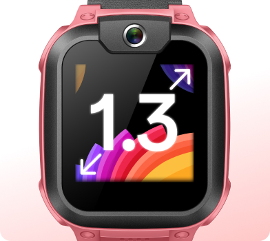 Rosa imoo Watch Phone Z1 Nahaufnahme zeigt 1.3 Zoll Bildschirmgröße mit bunten Pfeilen und Regenbogenmuster für Produktdesign