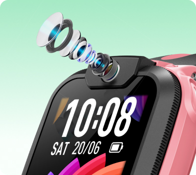 imoo Watch Phone Z1 Kinder Smartwatch in Grapefruitrosa mit auseinandergebauter Weitwinkelkamera, Fokus auf Kamerafunktion