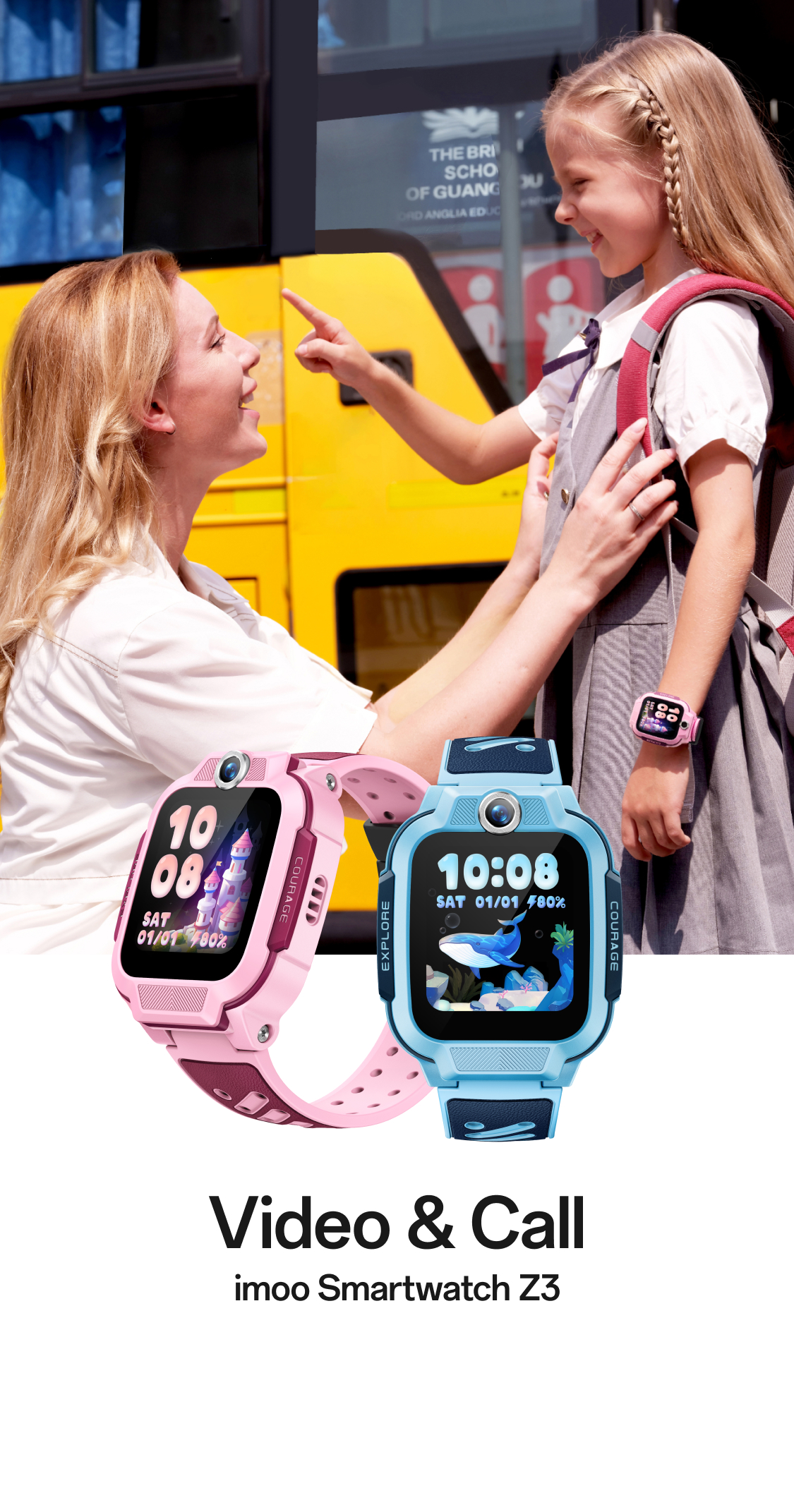 imoo Watch Phone Z3: Mutter und Tochter vor Schulbus, Kind mit rosa Uhr zeigt, blaue Uhr daneben, Produktseite