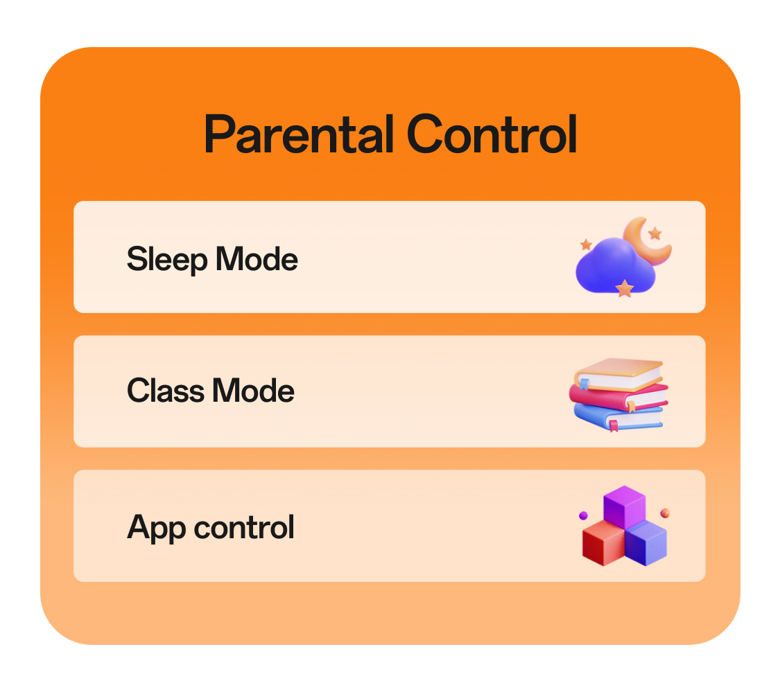 imoo Z3 Kindersicherung: Schlaf-, Klassenmodus und App-Verwaltung mit Icons für Sicherheit auf der Produktseite