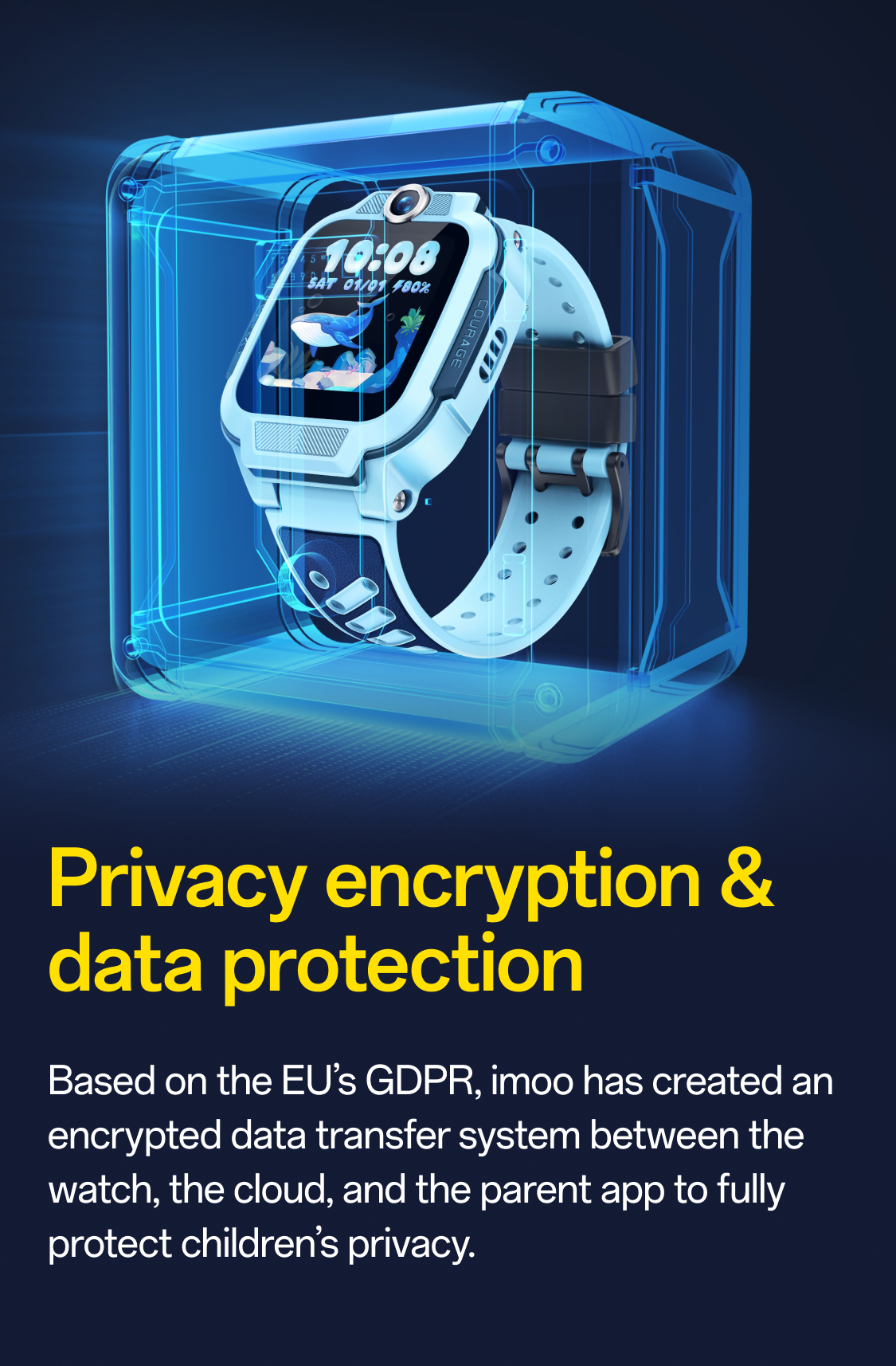 imoo Watch Phone Z3 (hellblau) mit Wal-Zifferblatt in blauer Hülle. 'Verschlüsselung & Datenschutz' betont Sicherheit.