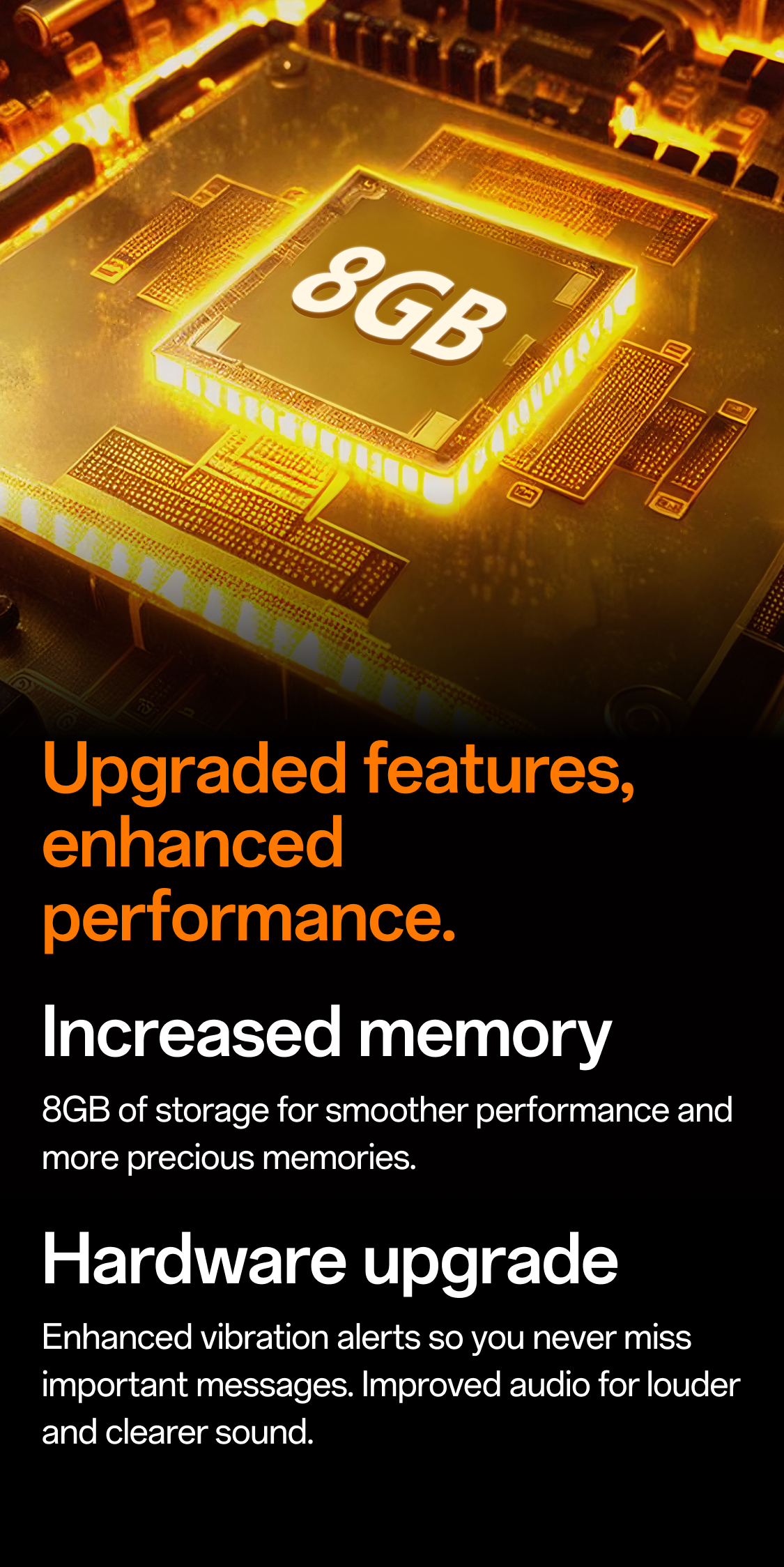 Goldener 8GB Mikrochip hervorhebt verbesserte Leistung und mehr Speicherplatz der imoo Z3 Smartwatch.