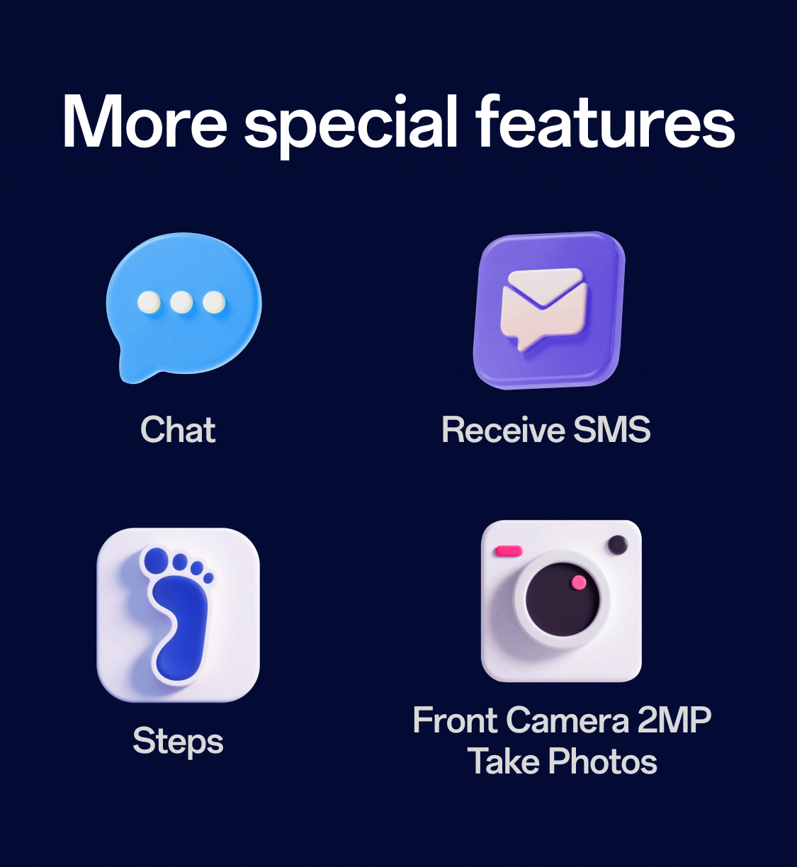 More features chat receive SMS front camera 2MP steps take photos