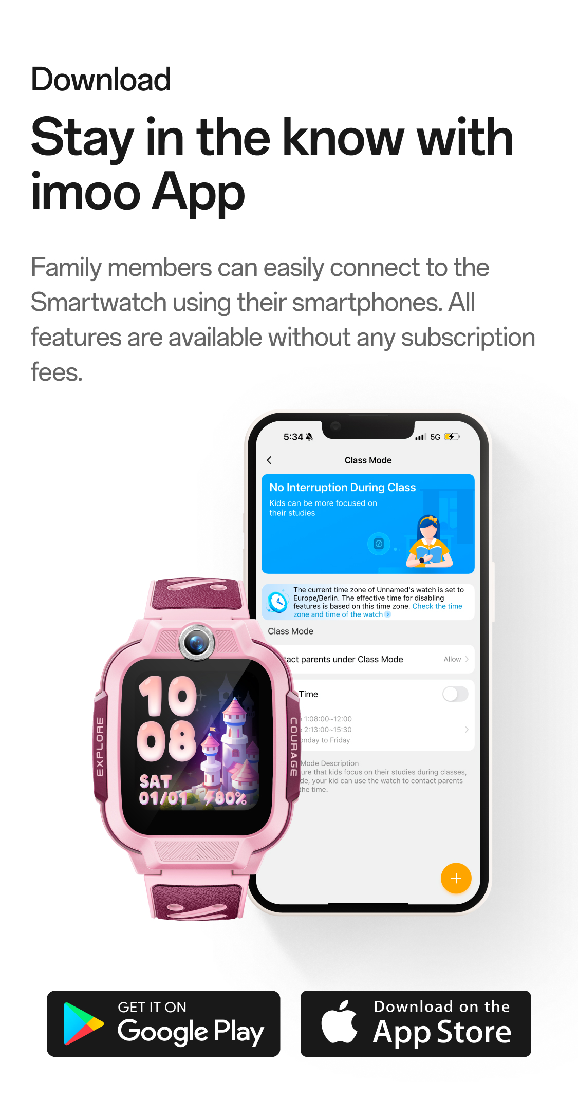 imoo Watch Phone Z3 Lieferumfang: hellblaue Uhr, Verpackung, Ladekabel, Anleitung, SIM-Öffner. Produktseite.