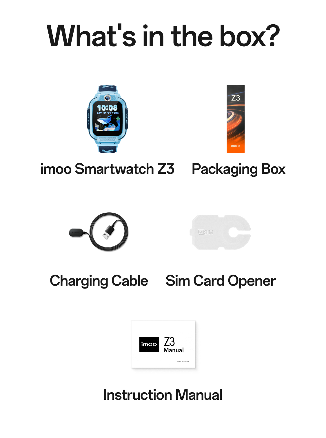 What's in the box imoo Smartwatch Z3 packaging box charging cable SIM card opener manual