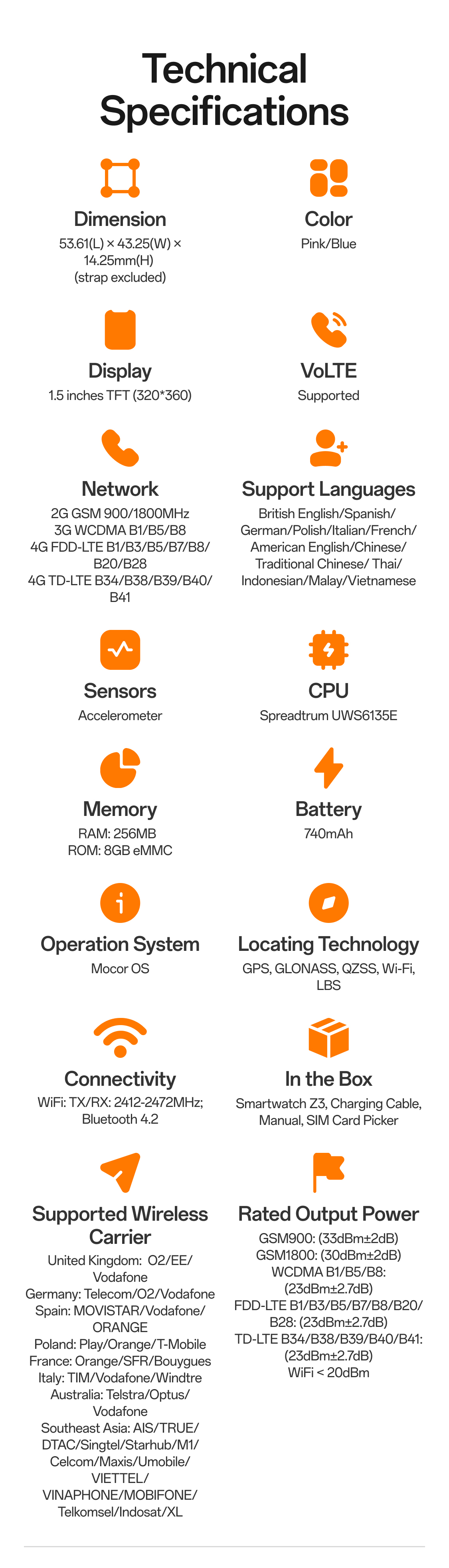 Hinweise zur imoo Watch Phone Z3: Produktinformationen und Nutzungsbedingungen auf orangefarbenem Hintergrund.