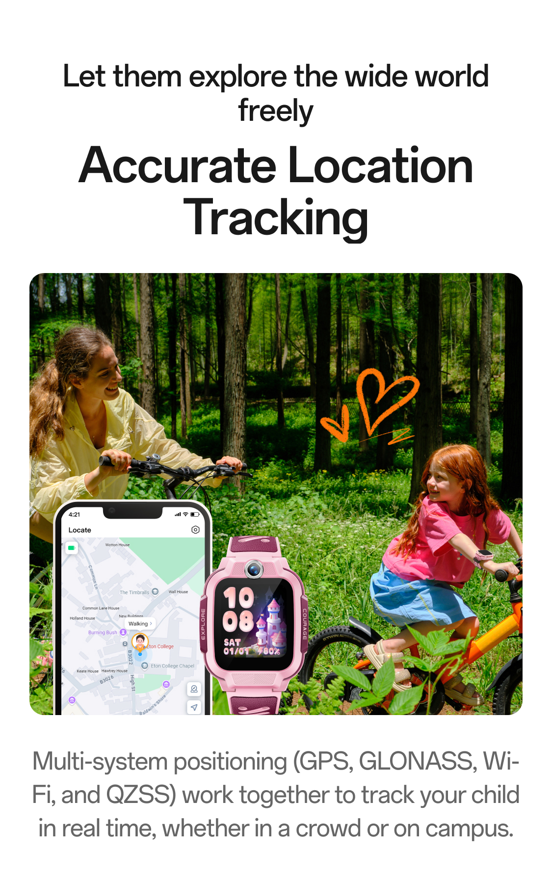 imoo Z3: Kindersicherheit beim Radfahren im Wald. Handy zeigt 'Locate' App, Kind mit Uhr ist genau verfolgbar.