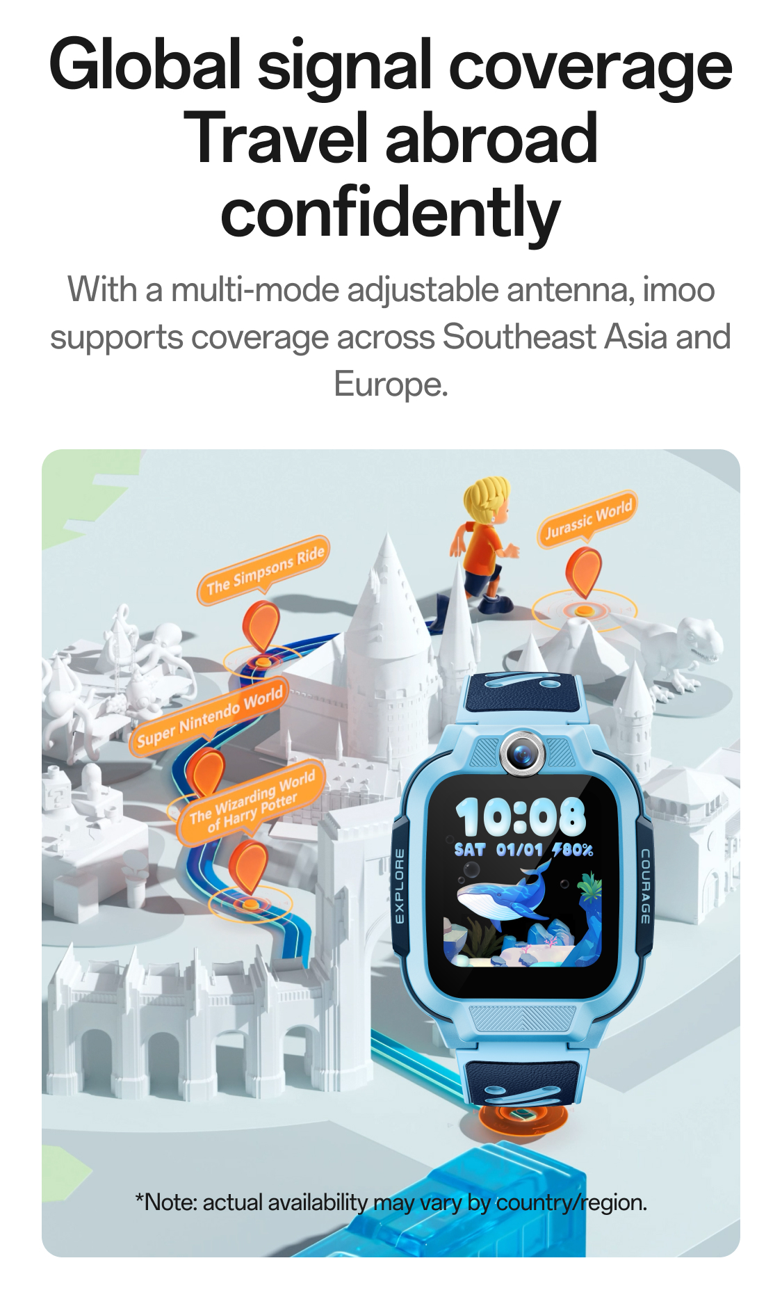 imoo Z3 globale Netzabdeckung: Weltkarte mit orangefarbenen Standort-Pins und leuchtenden Verbindungen. Produktseite.