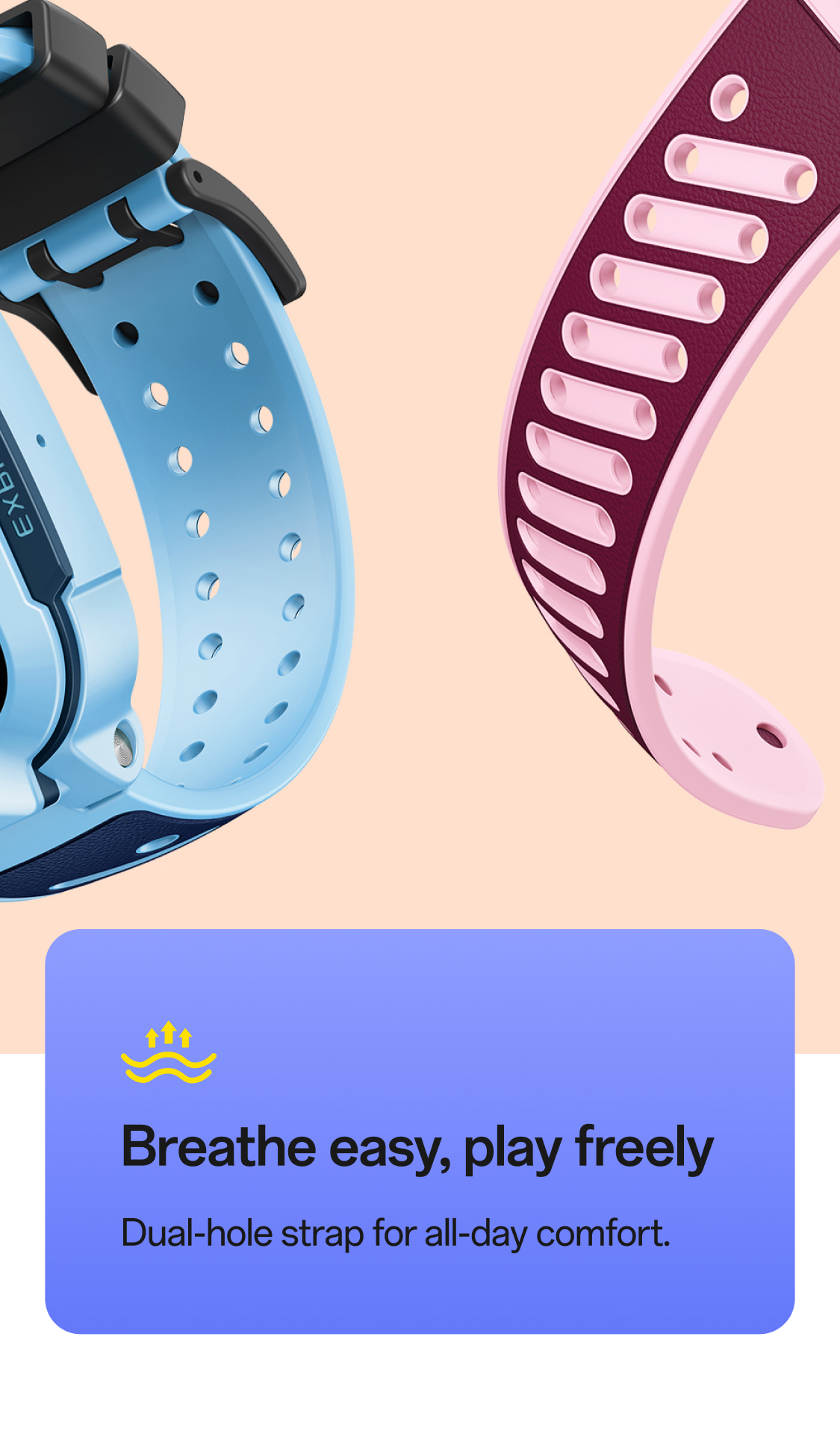 imoo Z3 Kinderuhr Armbänder: Hellblau und Bordeauxrot mit Doppel-Loch-Design für ganztägigen Tragekomfort. Produktseite.