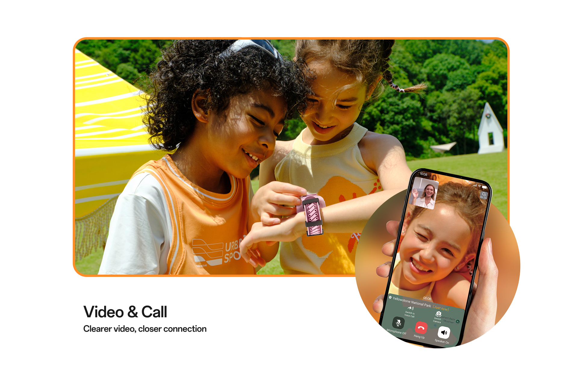 Kinder nutzen imoo Watch Phone Z3 mit Videoanruffunktion im Freien, Nahaufnahme der Smartwatch und Smartphone