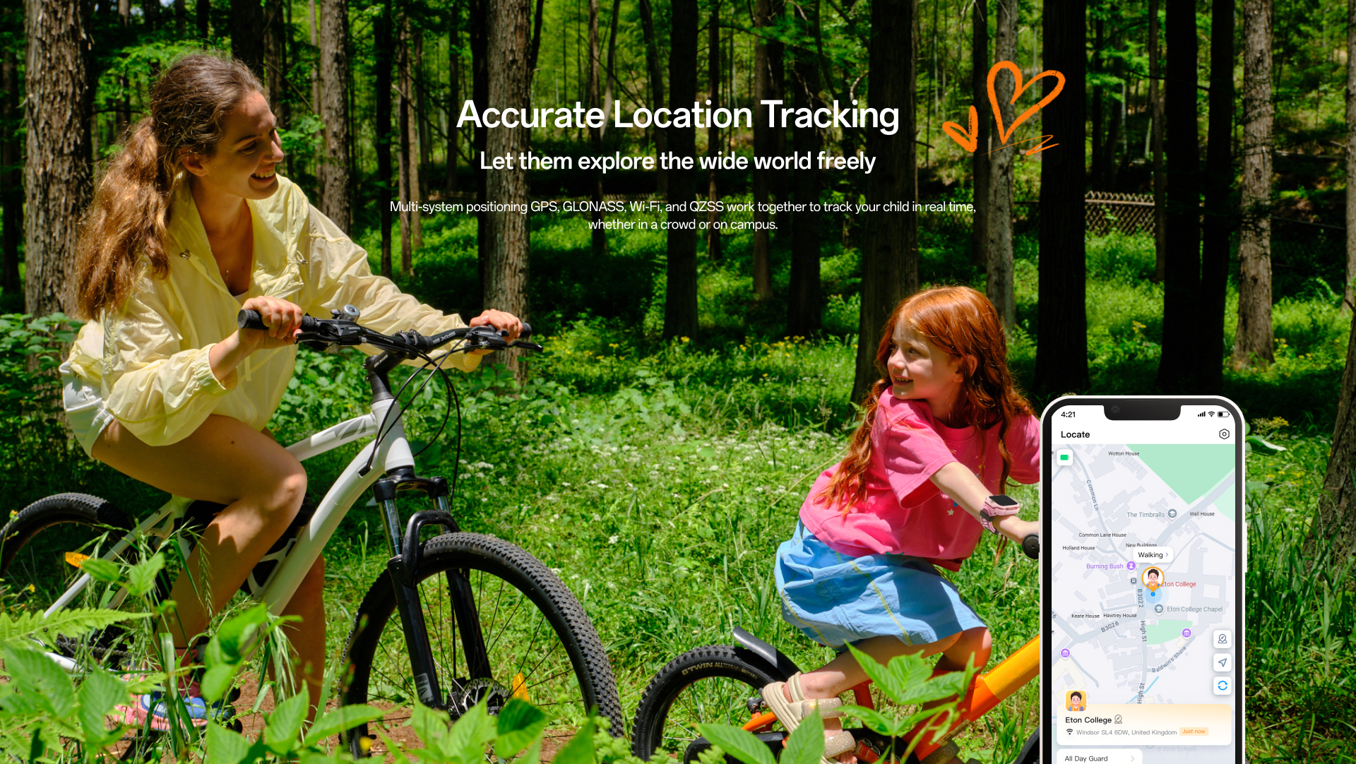 imoo Z3 Kinderuhr in Rosa zeigt Standort auf Smartphone in der 'Locate' App während Radtour im Wald, Produktseite