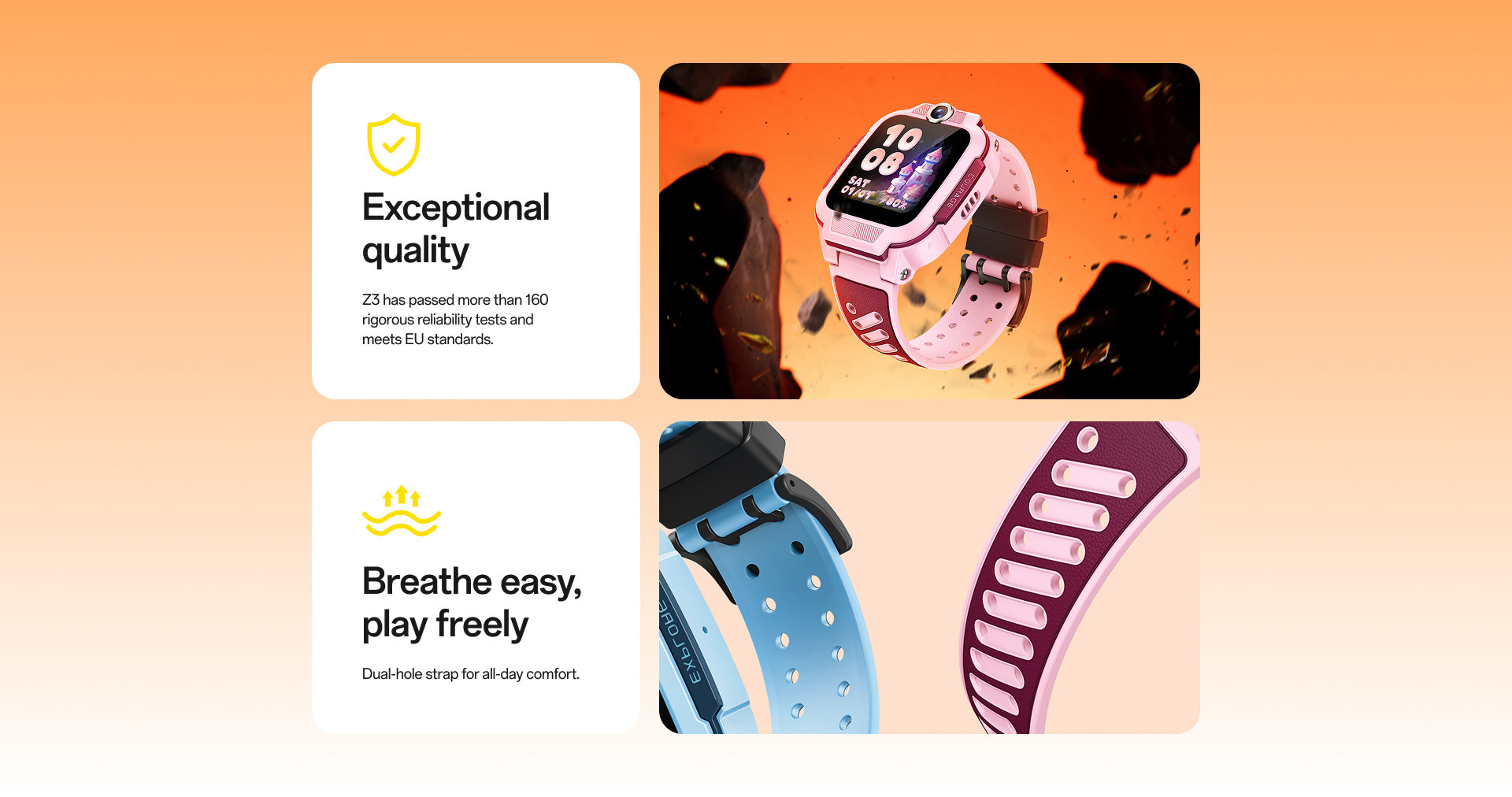 imoo Watch Phone Z3 Pink/Blue: Robust, comfortable strap with double-hole design. Product page feature.