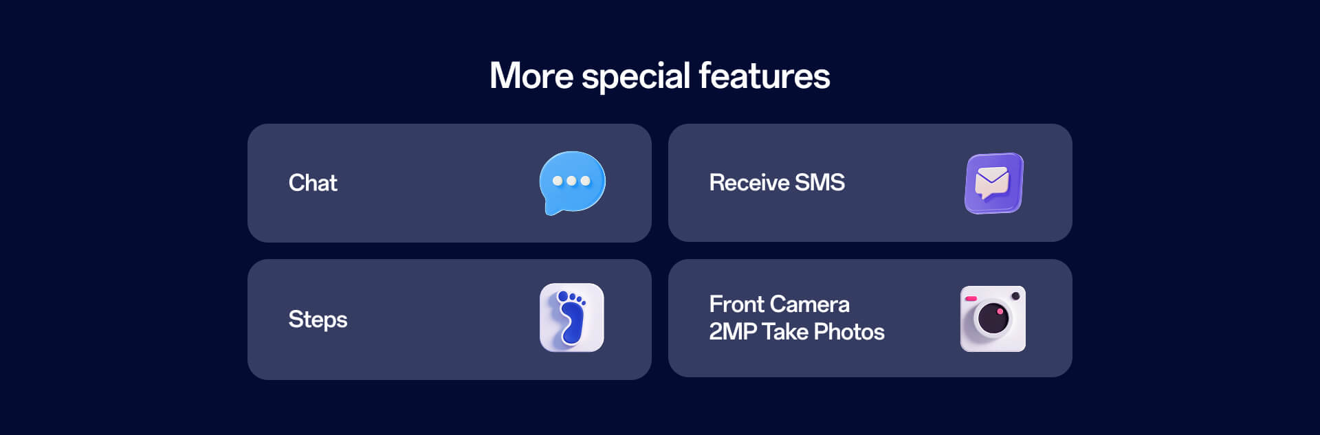 More features chat receive SMS steps front camera 2MP photos