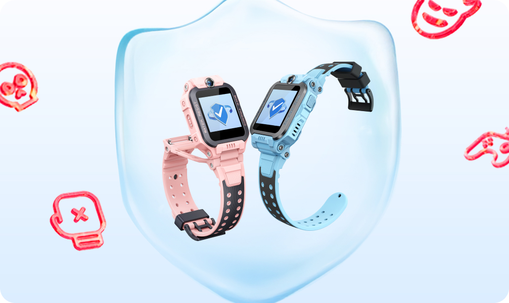 imoo Watch Phone Z7: Rosa & blaue Smartwatch im Schutzschild, zeigt Sicherheit vor Online-Bedrohungen.