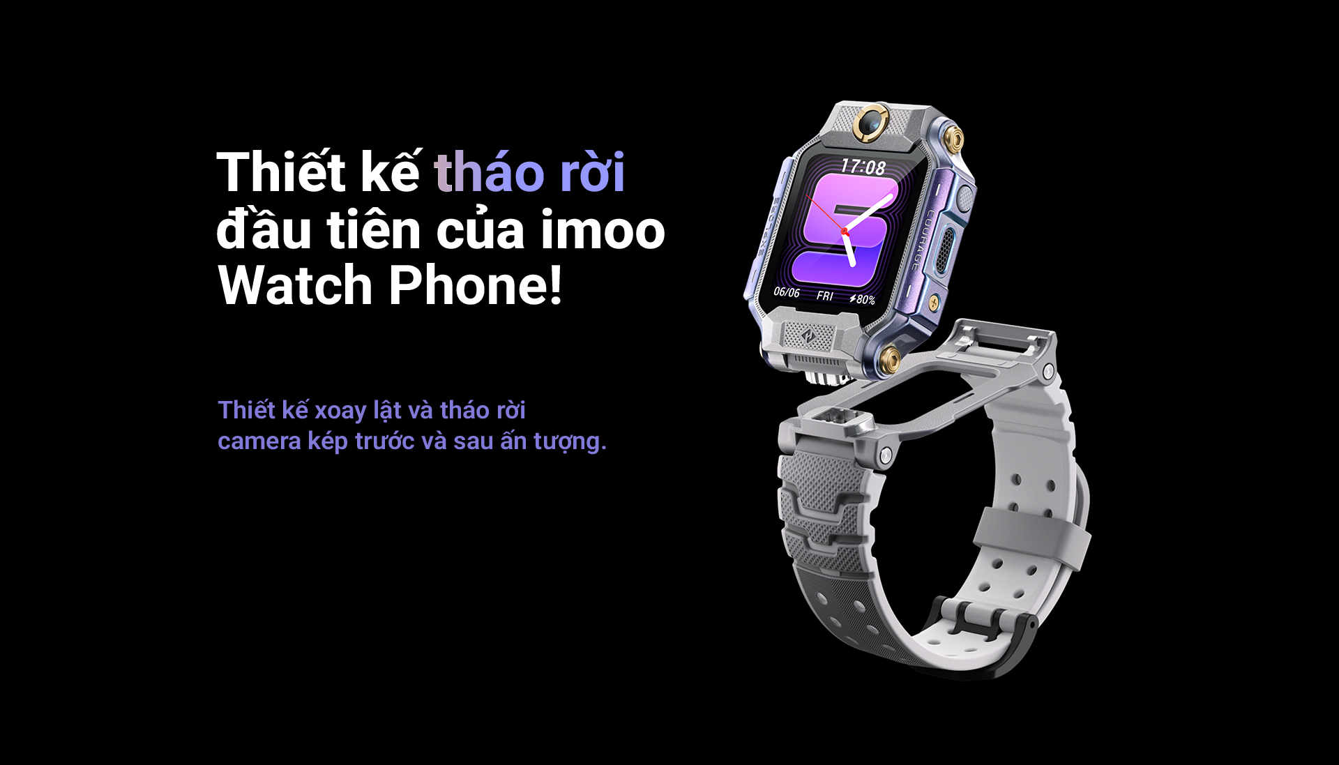 Thiết kế tháo rời đầu tiên của imoo Watch Phone! Thiết kế xoay lật và tháo rời camera kép trước và sau ấn tượng.