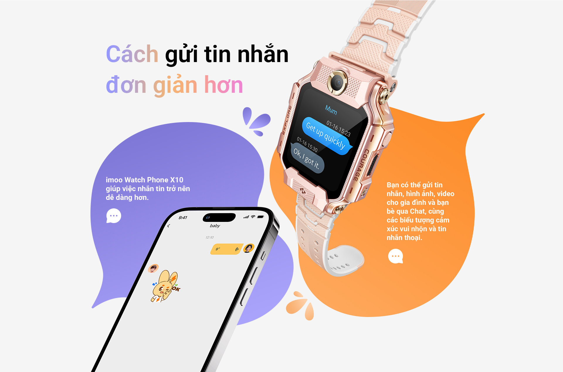 Cách gửi tin nhắn đơn giản hơn imoo Watch Phone X10 giúp việc nhắn tin trở nên dễ dàng hơn. Bạn có thể gửi tin nhắn, hình ảnh, video cho gia đình và bạn bè qua Chat, cùng các biểu tượng cảm xúc vui nhộn và tin nhắn thoại.
