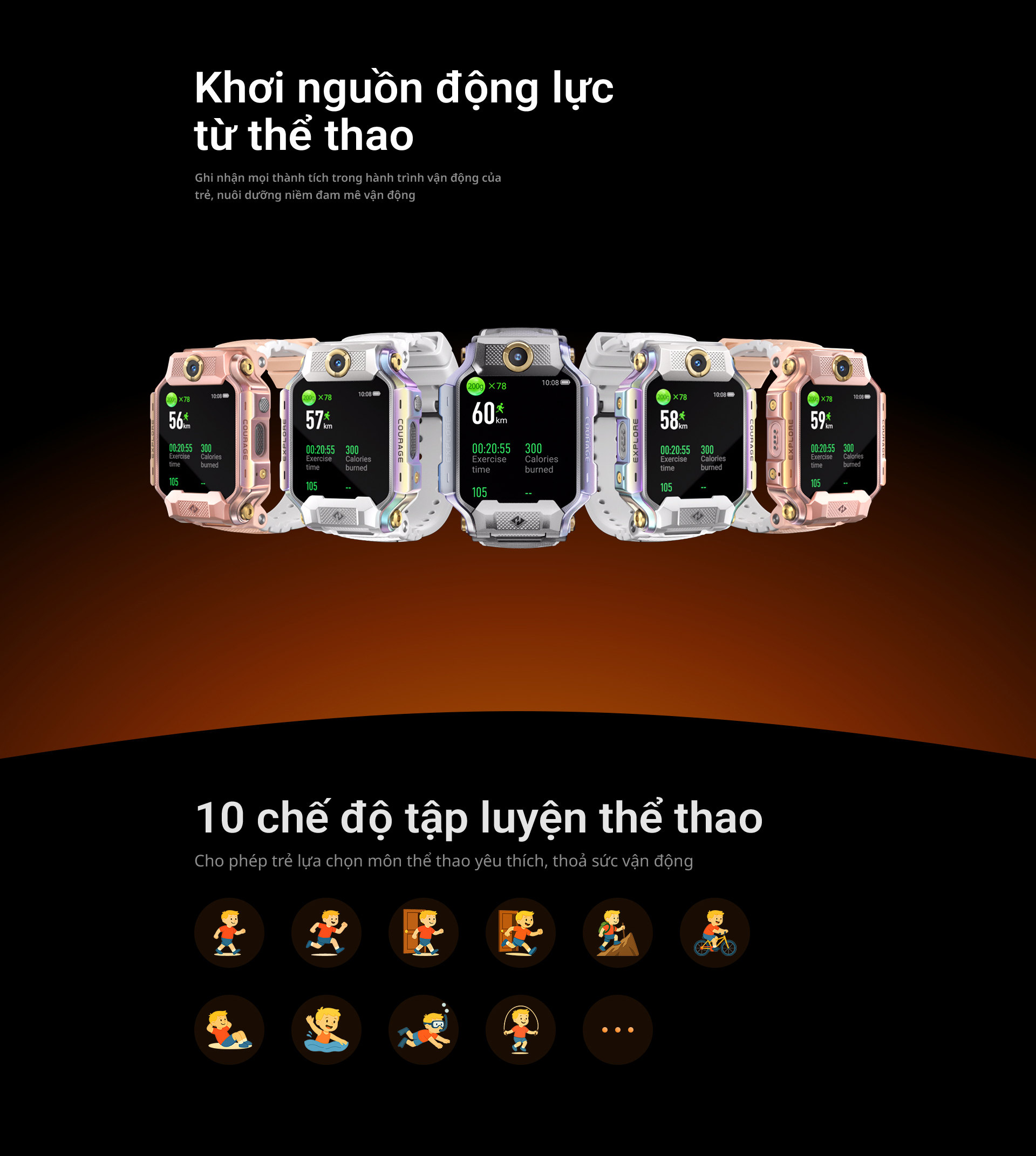 # Khơi nguồn động lực từ thể thao Ghi nhận mọi thành tích trong hành trình vận động của trẻ, nuôi dưỡng niềm đam mê vận động # 10 chế độ tập luyện thể thao Cho phép trẻ lựa chọn môn thể thao yêu thích, thoả sức vận động
